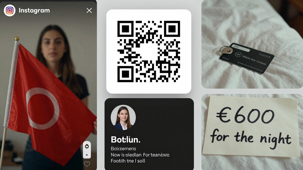 A collection of warning signs associated with fraudulent escort ads in Paris: fake photos, payment requests, and empty rooms.