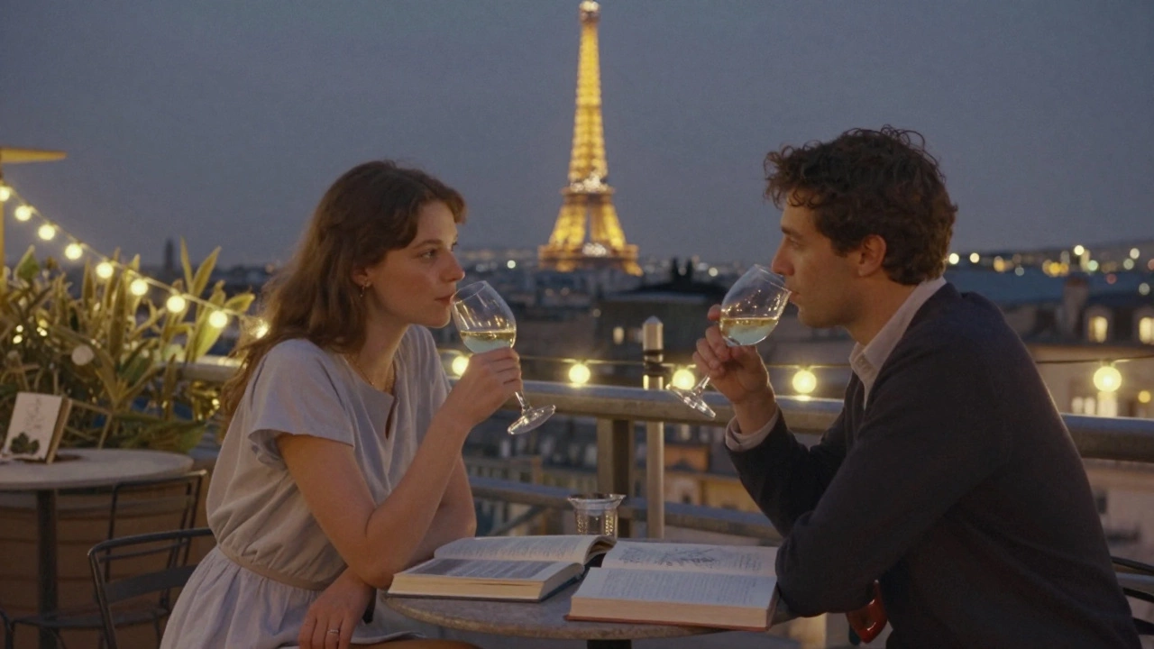 Two people having a quiet, thoughtful conversation on a Paris rooftop at night with city lights in the background.